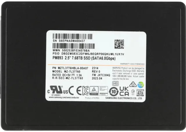 Твердотельный накопитель Samsung SSD 7,68Tb MZ7L37T6HBLA-00A07 PM893, 2.5" 7mm, SATA3, 3D
