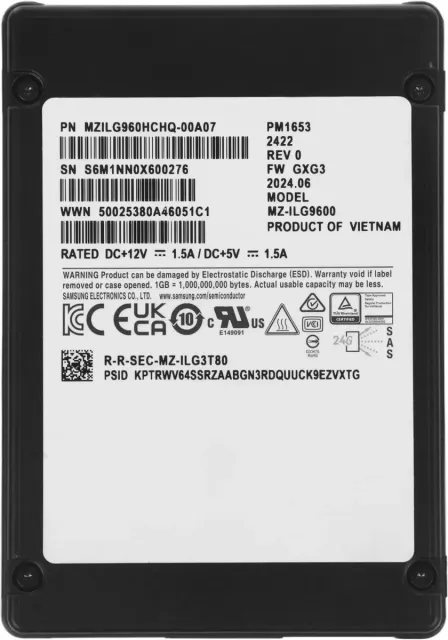 Твердотельный накопитель Samsung SSD 1TB MZILG960HCHQ-00A07 PM1653 2.5" 15mm, SAS 24Gb/s, 3D TLC, R