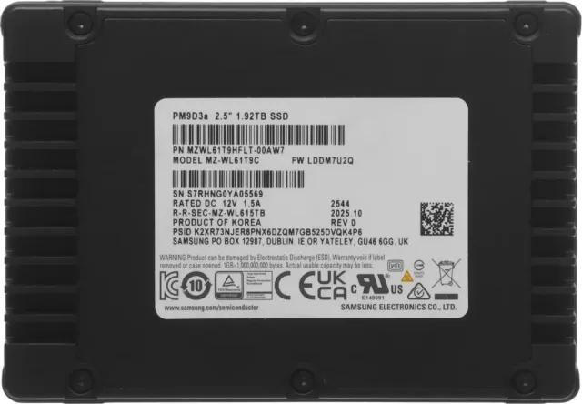 Твердотельный накопитель Samsung SSD 1,92Tb MZWL61T9HFLT-00AW7 PM9D3a, U.3(2.5" 15mm), NVMe, PCIe 5.