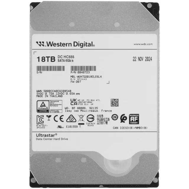 Жесткий диск серверный WD Ultrastar 18TB 3.5" 7200RPM 512MB SATA Helium Enterprise WUH722018CLE6L4