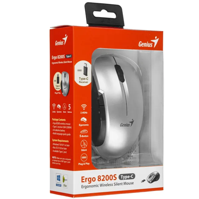 Мышь Беспроводная Genius Ergo 8200S Silver ( USB-C )