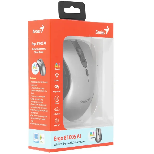 Мышь Беспроводная Genius Ergo 8100S AI Silver Grey