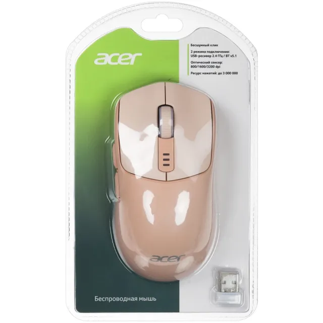 Мышь Acer OMR312 розовый оптич. 3200dpi беспров. BT/Radio USB 5but (ZL.MCECC.036)