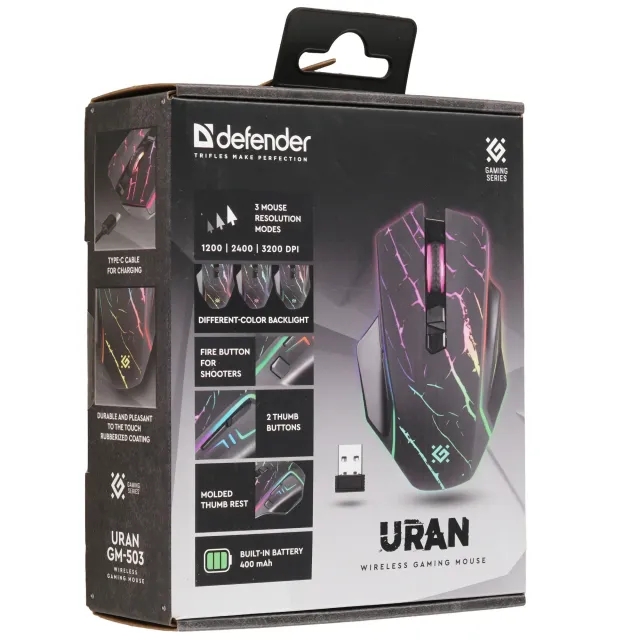 Мышь беспроводная игровая DEFENDER Uran GM-503 (Уран) черный,LED,8D,400 мАч,3200dpi