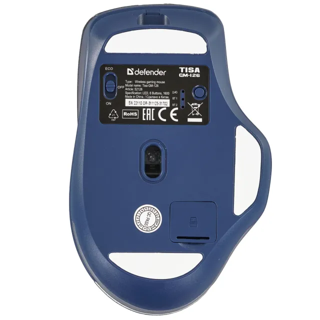 Мышь беспроводная игровая DEFENDER Tisa GM-126 (Тиса) бел+син,LED,7D,2.4+BT,1600dpi