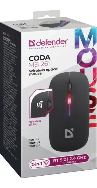 Мышь беспроводная оптическая DEFENDER Coda MB-261 черн,2.4ГГц+BT,радужн,300мАч