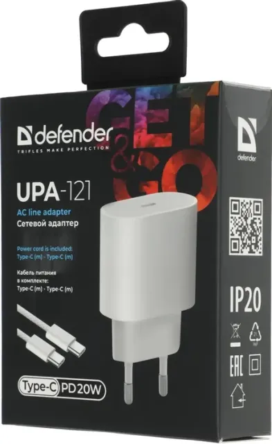 Адаптер сетевой DEFENDER UPA-121 20W, USB C,кабель Type-C,белый