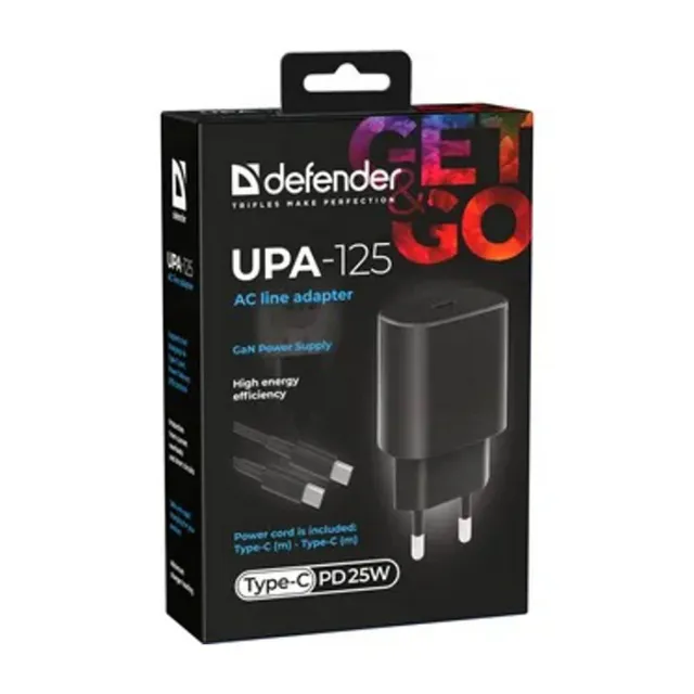 Адаптер сетевой DEFENDER UPA-125 25W,USB C,кабель Type-C,черный
