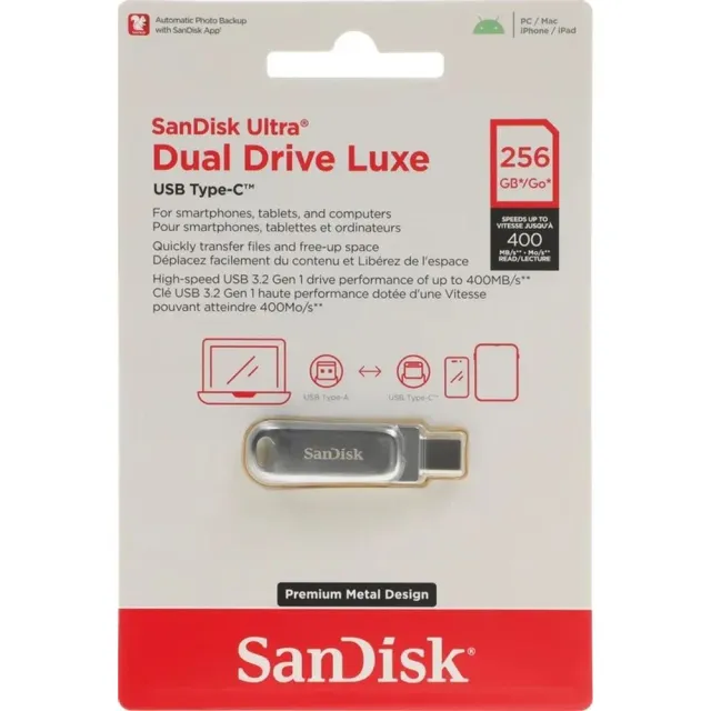 Флеш-накопитель SanDisk Ultra Dual Drive Luxe SDDDC4-256G-G46 USB 3.2 Gen1 256GB silver (metal)