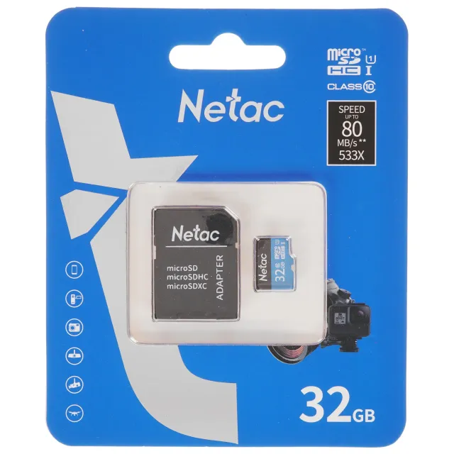 Карта памяти Netac P500 Standard MicroSDHC NT02P500STN-032G-R 32GB U1 C10 +SD Adapter