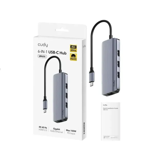Концентратор USB-C 6 в 1 Cudy UH606 4K, 1хUSB-C 3.2, 1х HDMI 2.0, 3хUSB-A 3.2, 1хLAN 1Gb/s