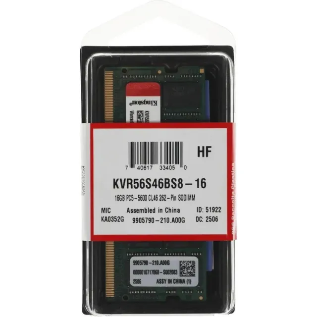Оперативная память Kingston DDR5 16GB 5600Mhz SODIMM CL46 KVR56S46BS8-16