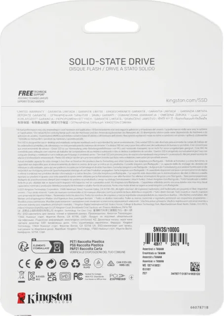 Твердотельный накопитель Kingston SSD 1TB SNV3S/1000G M.2(22x80mm), NVMe, PCIe 4.0 x4, 3D TLC, R/W 6