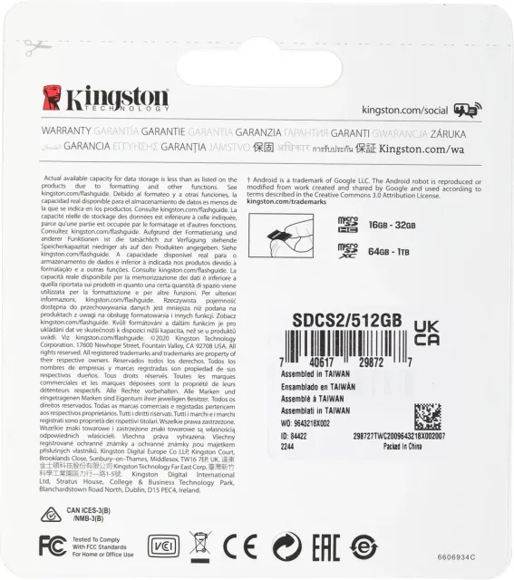 Карта памяти Kingston Canvas Select Plus microSDXC SSDCS3/512GB 512GB V10 A1 + SD Adapter