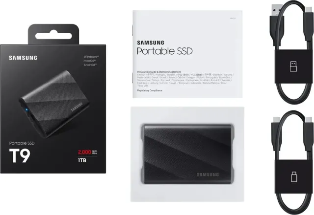 Внешний SSD Samsung 1TB External MU-PG1T0B/WW, T9, 1000GB, Type-C, USB 3.2 Gen2, R/W 2000/19