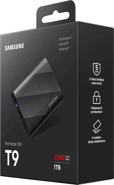 Внешний SSD Samsung 1TB External MU-PG1T0B/WW, T9, 1000GB, Type-C, USB 3.2 Gen2, R/W 2000/19